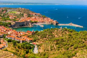 image de collioure avec vue sur les vignes et la mer