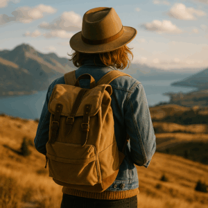 Voyageur solitaire observant un paysage de montagnes au coucher du soleil, portant un sac à dos et un chapeau, symbolisant l’aventure et le voyage intérieur.